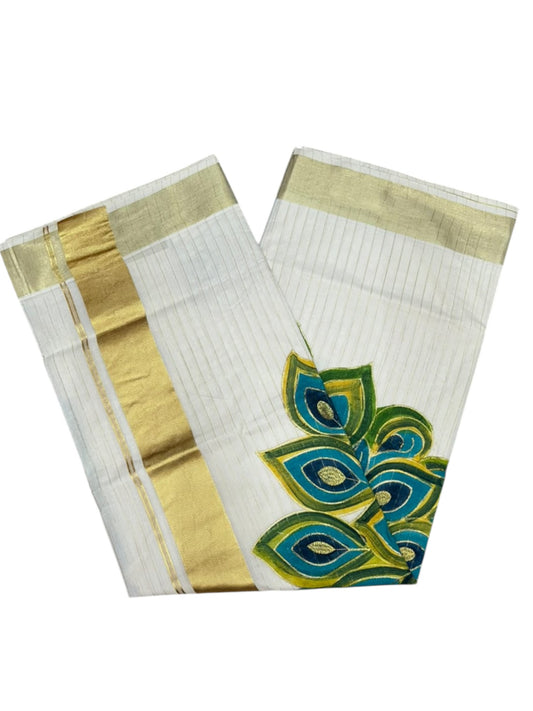 Kerala Cotton Lines Saree With Green & Blue Peacock Design SL161