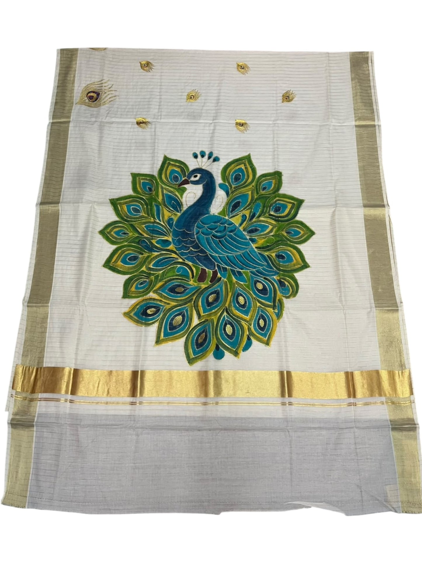 Kerala Cotton Lines Saree With Green & Blue Peacock Design SL161