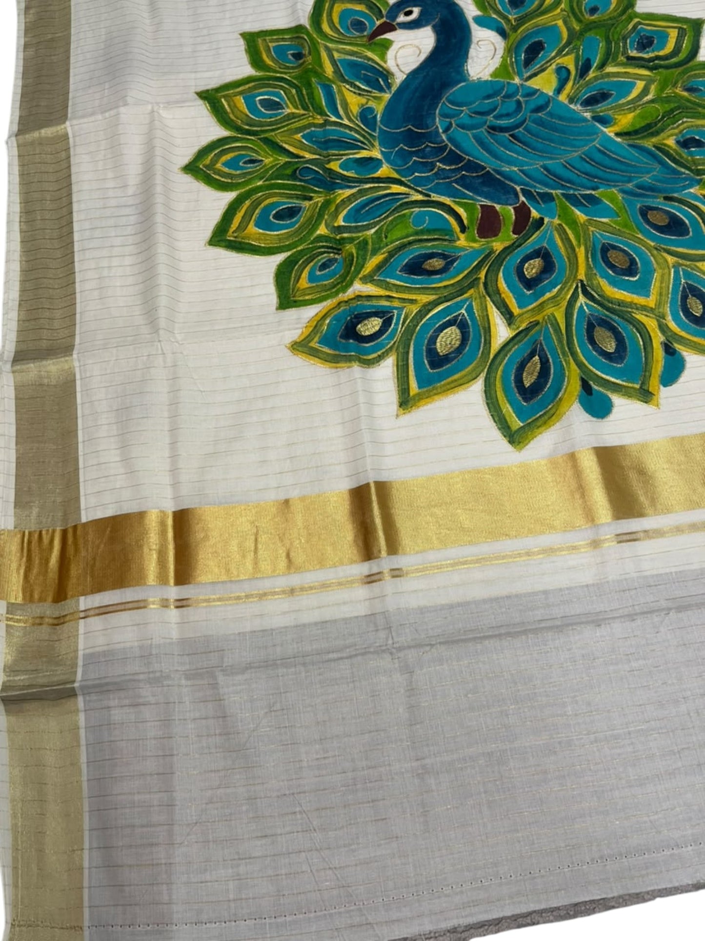 Kerala Cotton Lines Saree With Green & Blue Peacock Design SL161