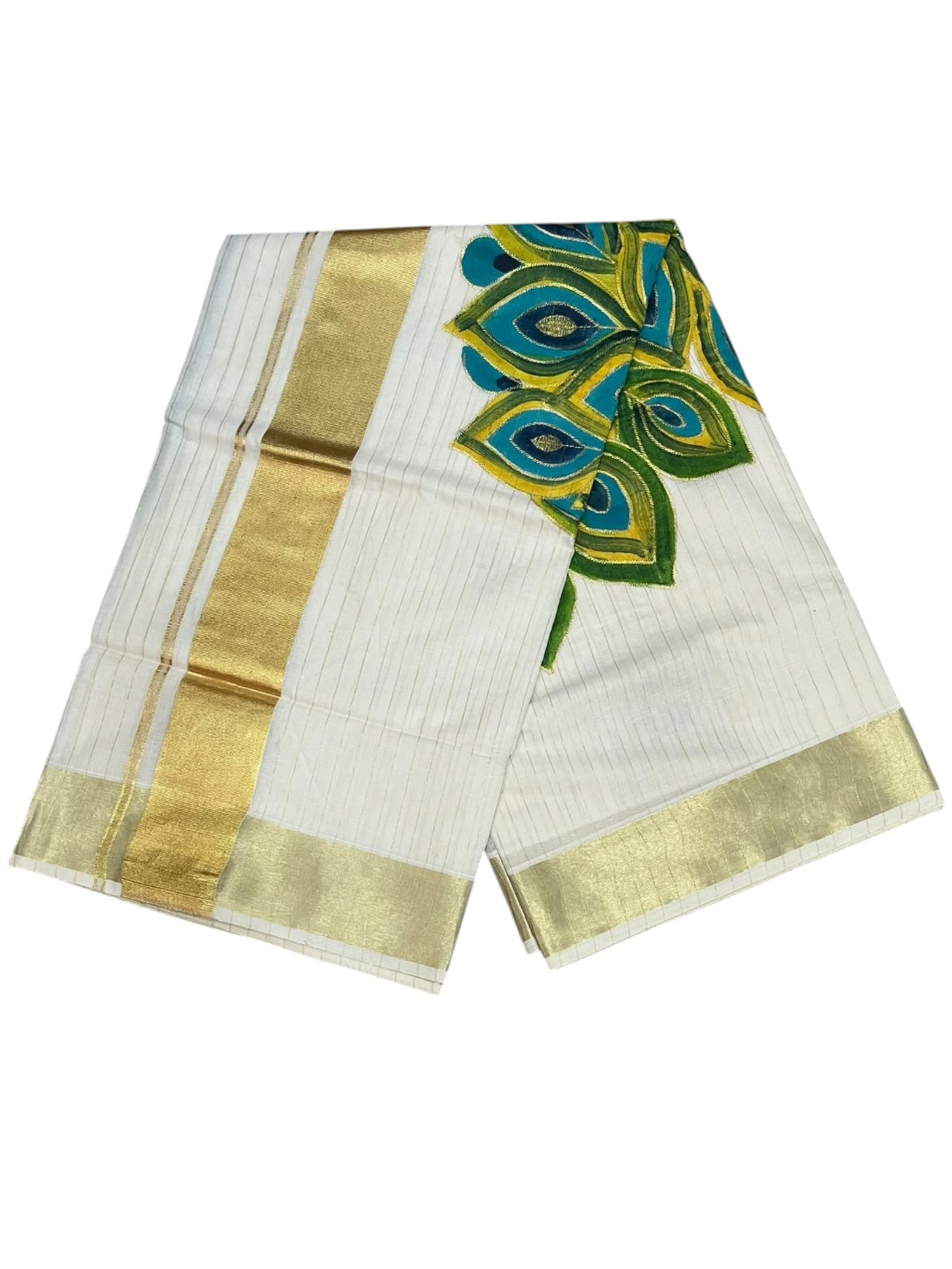 Kerala Cotton Lines Saree With Green & Blue Peacock Design SL161