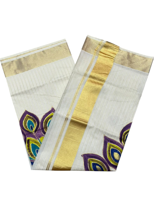 Kerala Cotton Lines Saree With Violet & Yellow Peacock Design SL161