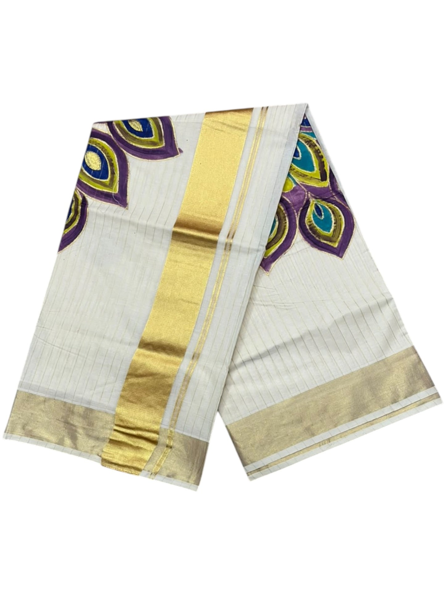 Kerala Cotton Lines Saree With Violet & Yellow Peacock Design SL161