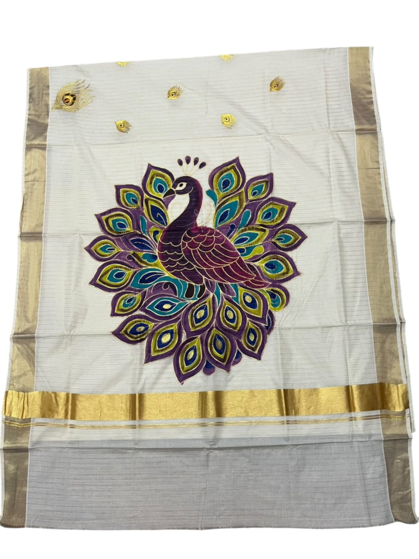 Kerala Cotton Lines Saree With Violet & Yellow Peacock Design SL161