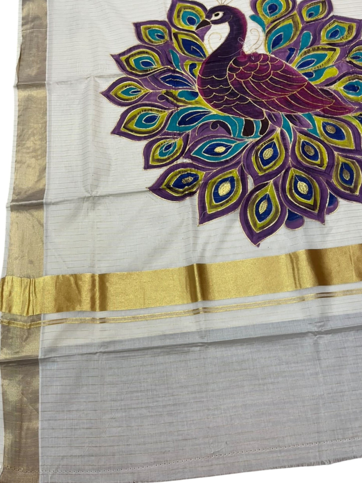 Kerala Cotton Lines Saree With Violet & Yellow Peacock Design SL161
