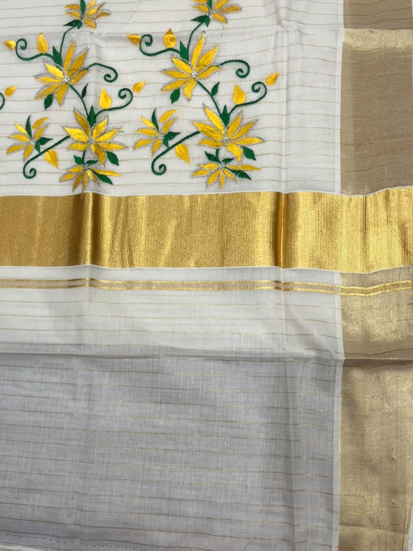 Kerala Southloom Cotton Lines Saree With Yellow Floral Embroidery Design & Kasavu Border SL127