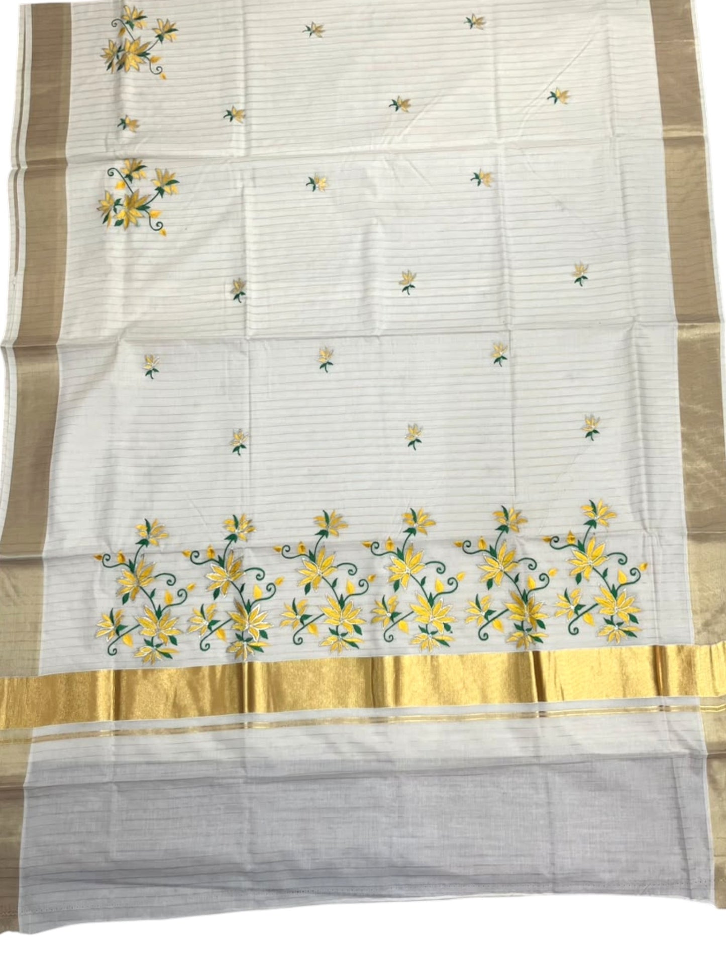 Kerala Southloom Cotton Lines Saree With Yellow Floral Embroidery Design & Kasavu Border SL127