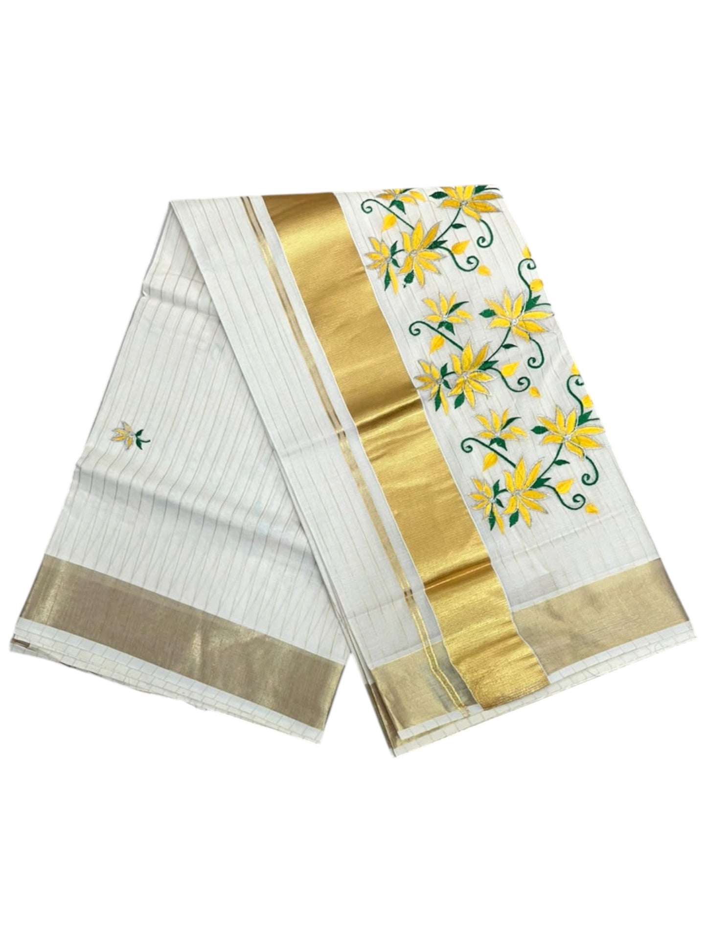 Kerala Southloom Cotton Lines Saree With Yellow Floral Embroidery Design & Kasavu Border SL127