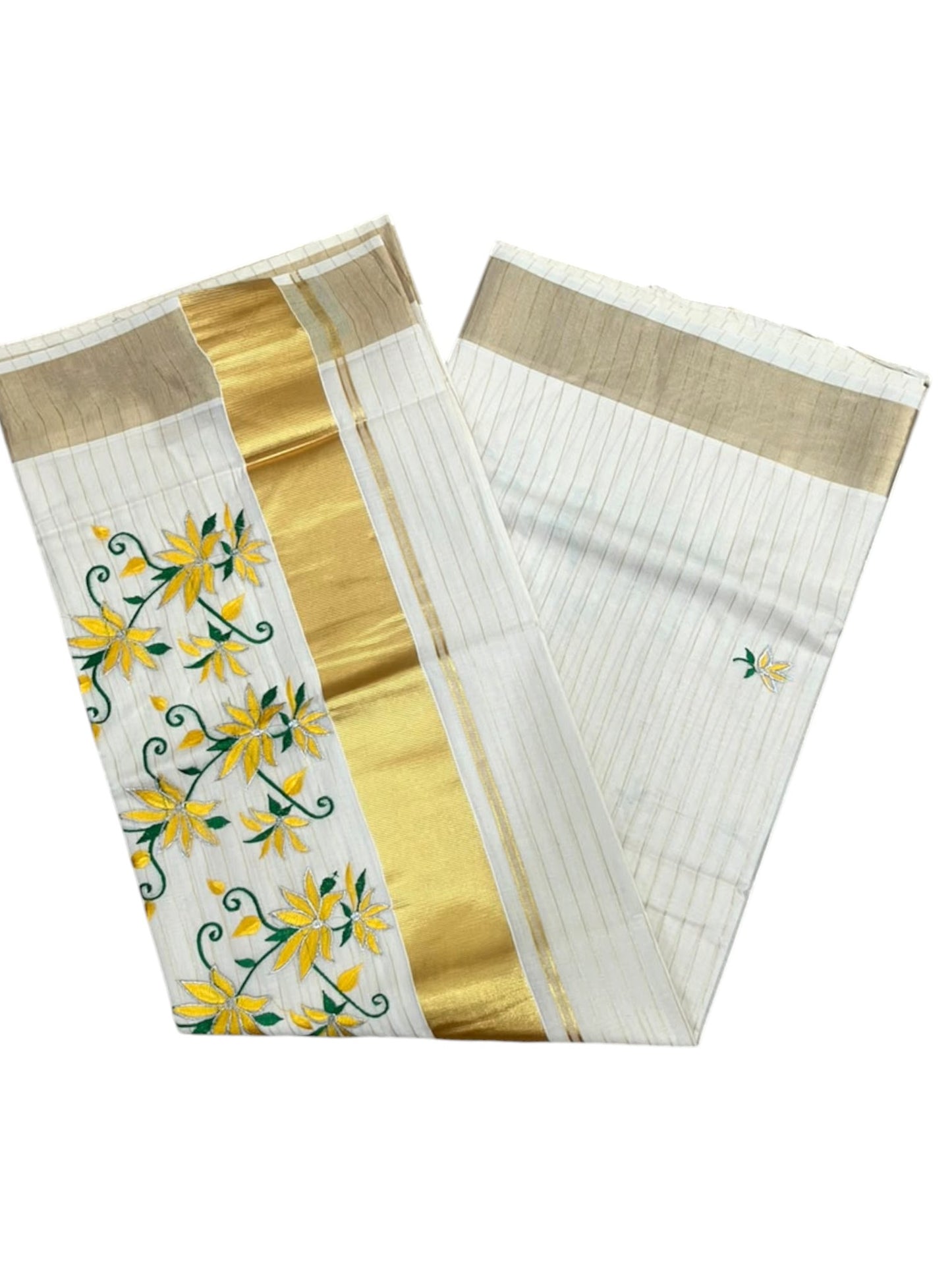 Kerala Southloom Cotton Lines Saree With Yellow Floral Embroidery Design & Kasavu Border SL127