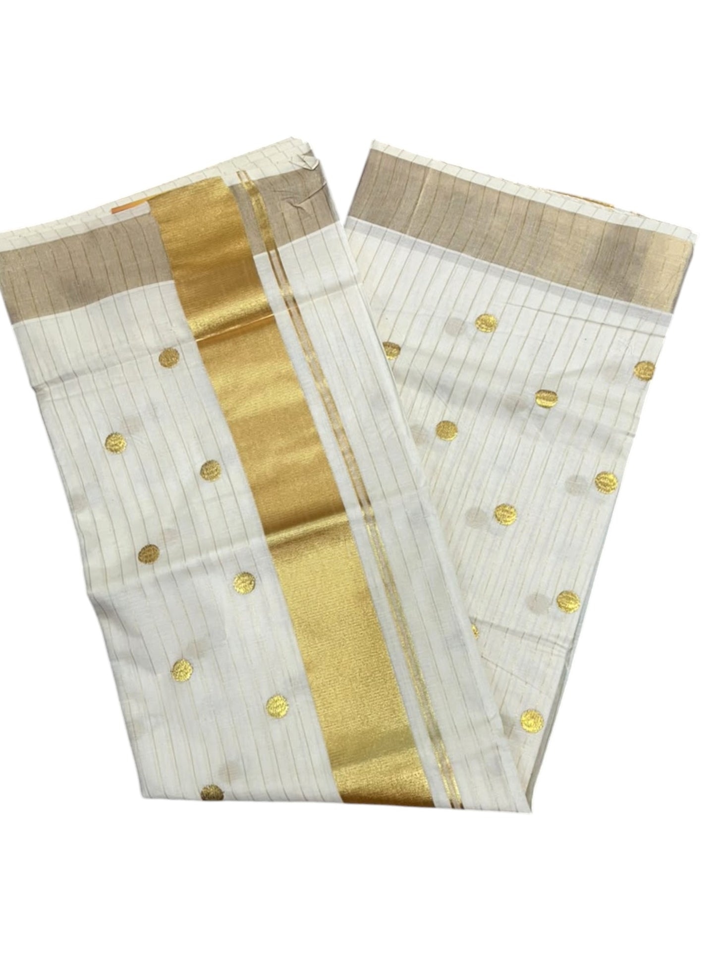 Kerala Southloom Cotton Lines Saree With Golden Polka Embroidery Design & Kasavu Border