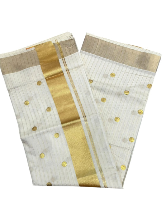 Kerala Southloom Cotton Lines Saree With Golden Polka Embroidery Design & Kasavu Border