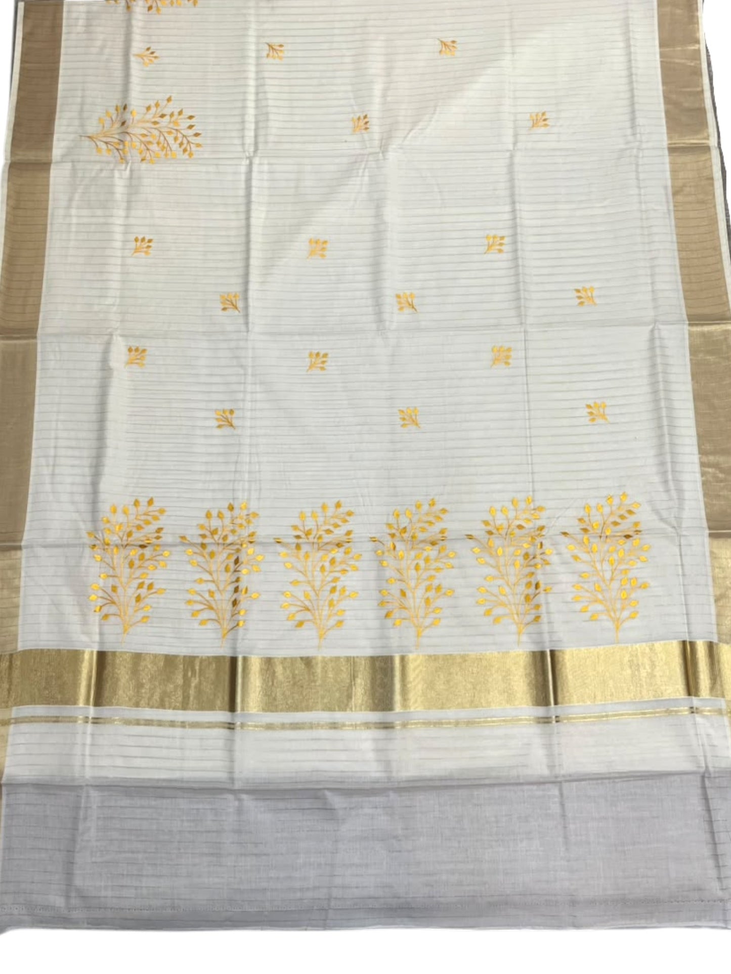 Kerala Southloom Cotton Lines Saree With Yellow Embroidery Design & Kasavu Border SL135
