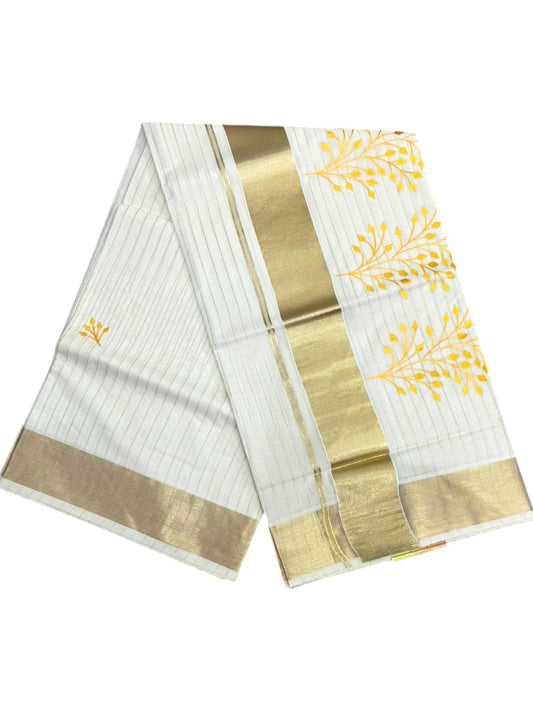 Kerala Southloom Cotton Lines Saree With Yellow Embroidery Design & Kasavu Border SL135