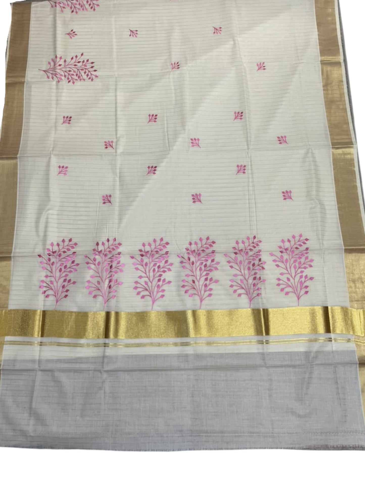 Kerala Southloom Cotton Lines Saree With Pink Embroidery Design & Kasavu Border SL135