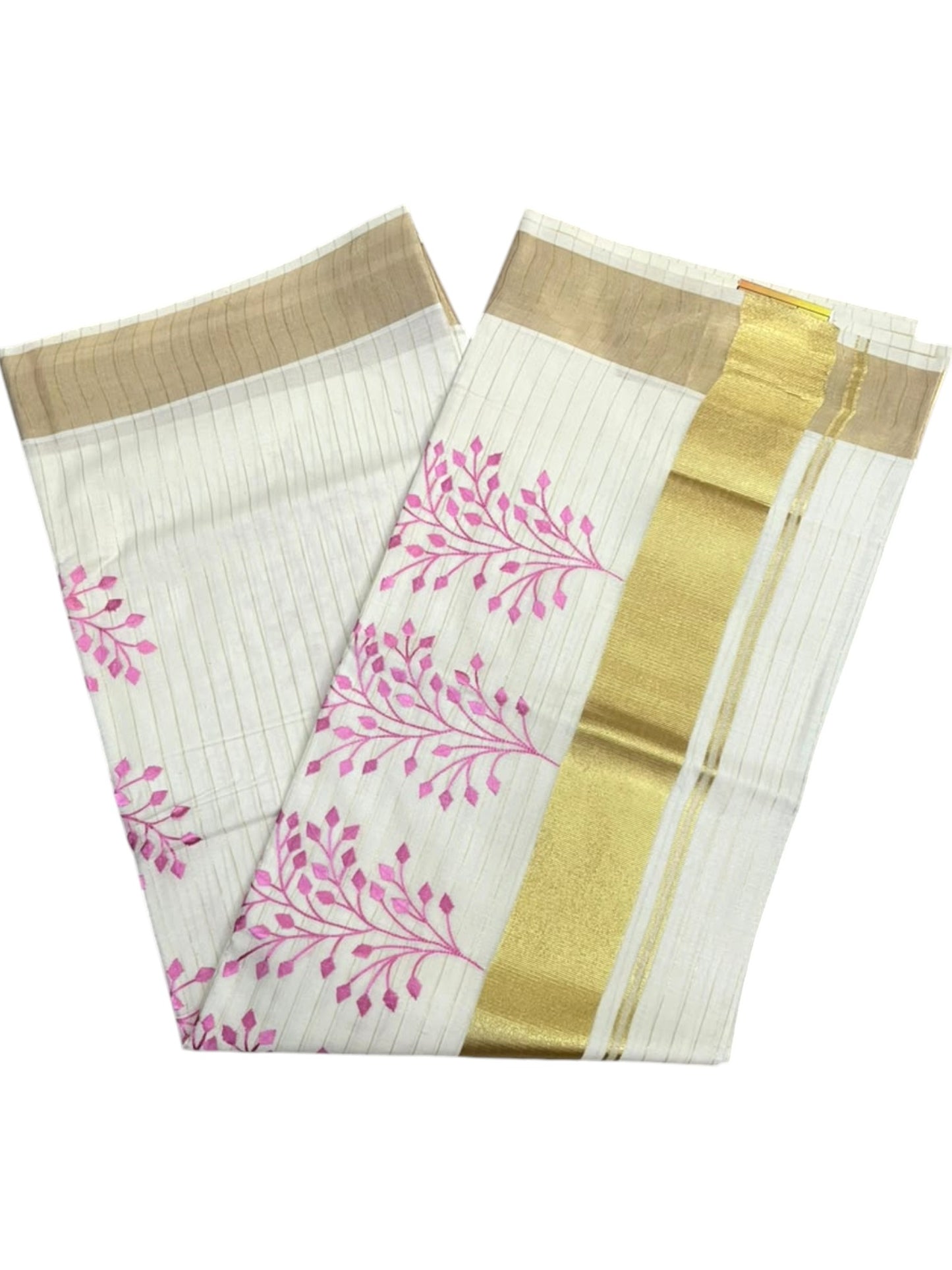 Kerala Southloom Cotton Lines Saree With Pink Embroidery Design & Kasavu Border SL135