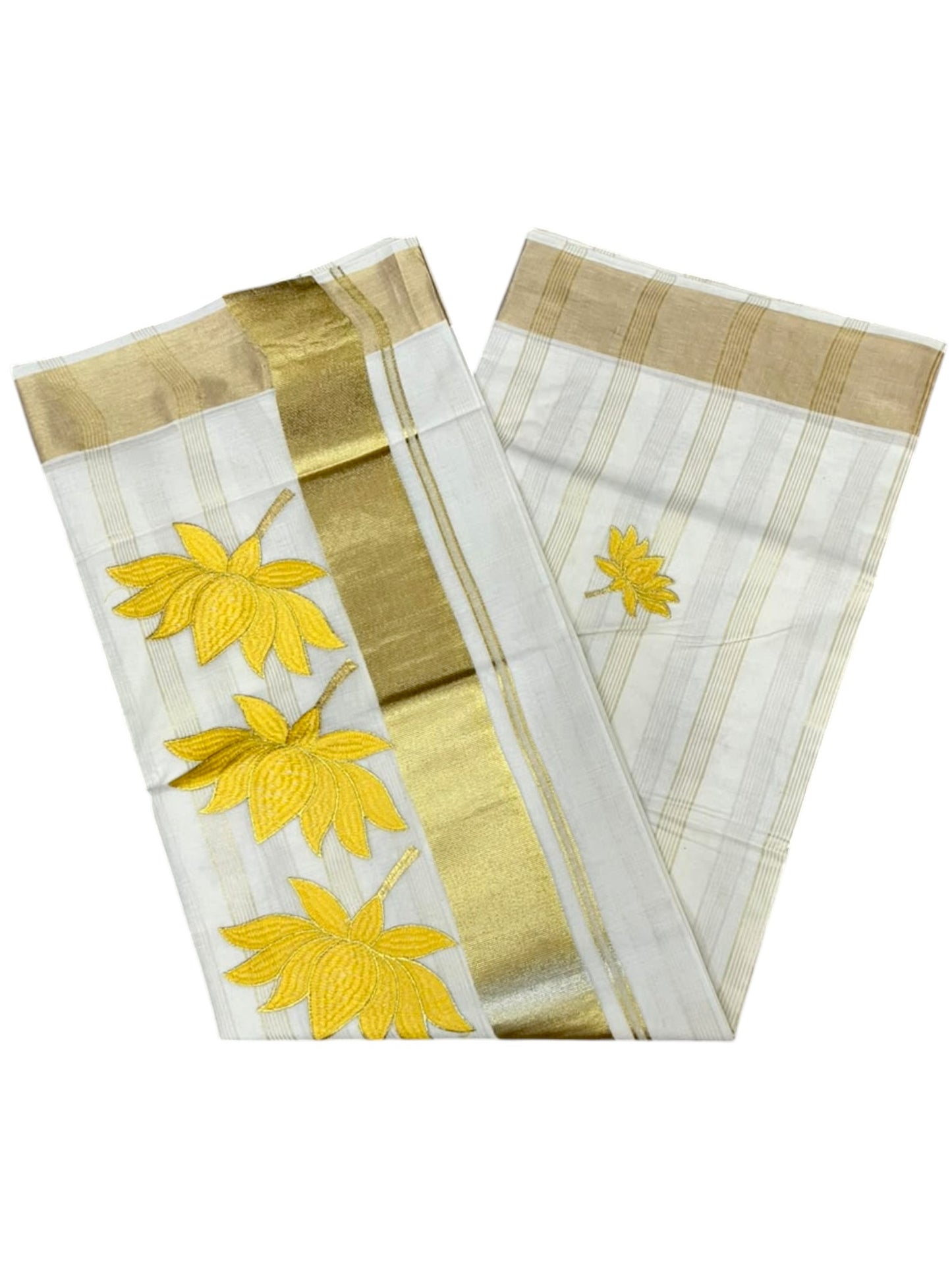 Southloom Kerala Cotton Kasavu Line Saree with Yellow Lotus Embroidery Works