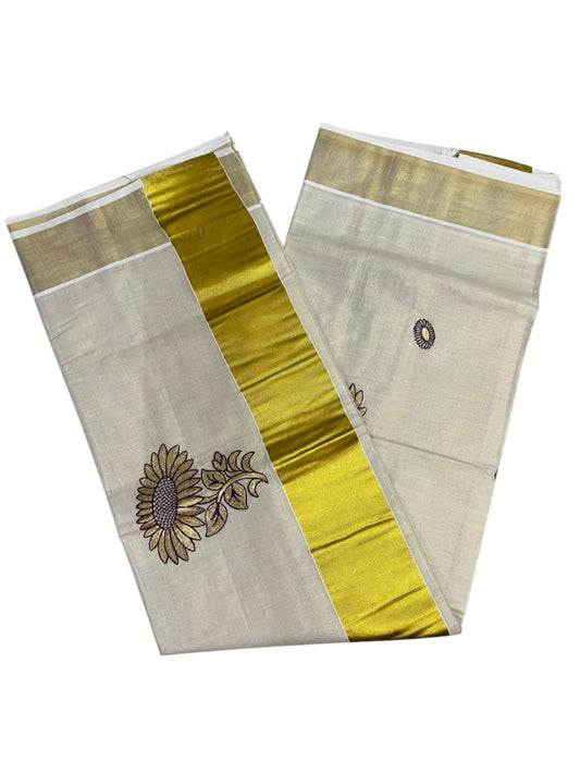 Southloom Kerala Tissue Kasavu Plain Saree with Purple&Gold Floral embroidery work