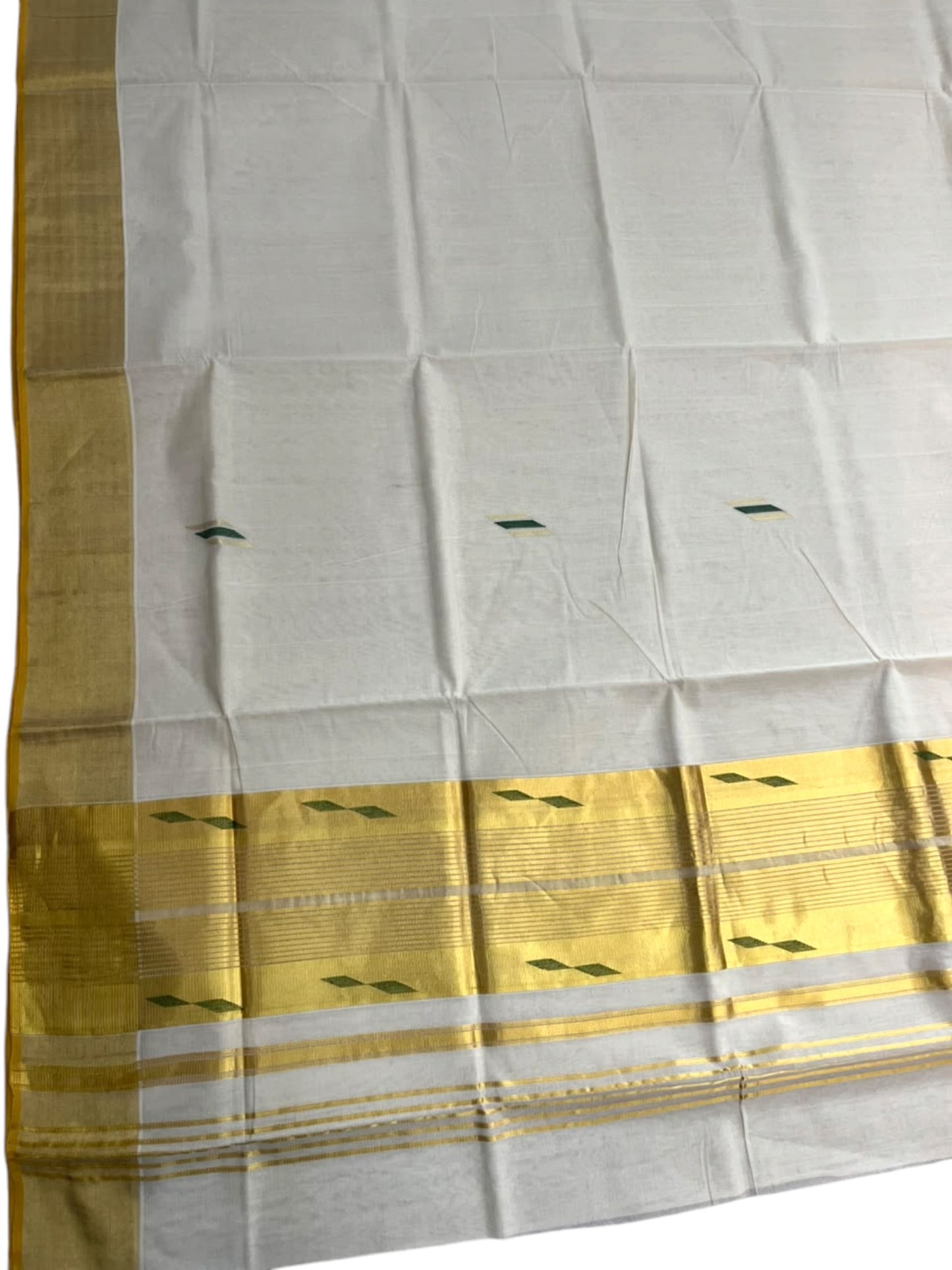 Southloom Super Premium Balaramapuram Handloom Cotton Saree With Gold And Green Zari Works on Body And Borders