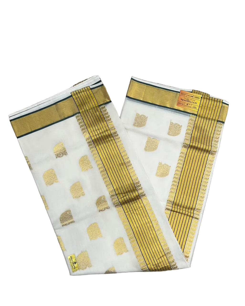 Southloom Super Premium Balaramapuram Handloom Cotton Saree With Golden Butta Works on Body And Green Lines Borders