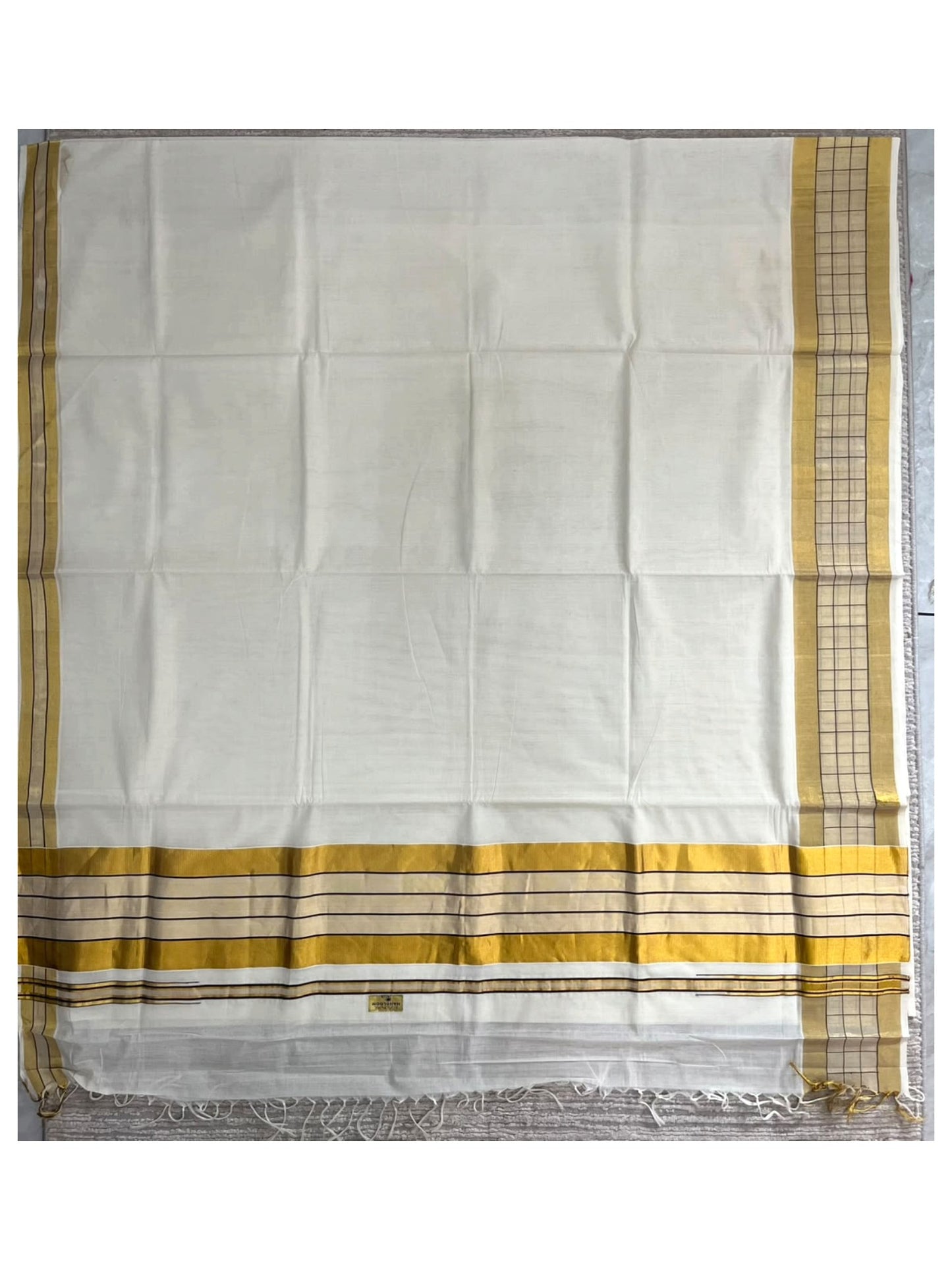 Southloom Super Premium Balaramapuram Handloom Cotton Saree With Gold&Brown Check Design  Borders