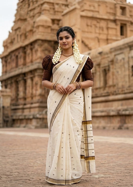 Southloom Super Premium Balaramapuram Handloom Cotton Saree with Brown Butta Work on Body on Border