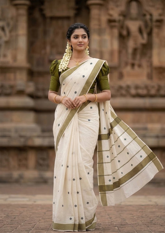 Southloom Super Premium Balaramapuram Handloom Cotton Saree with Green Butta Work on Body on Border