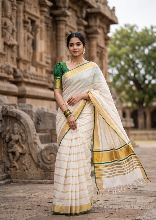 Southloom Super Premium Balaramapuram Handloom Cotton Saree With Gold Stripes Design Body And Green Border