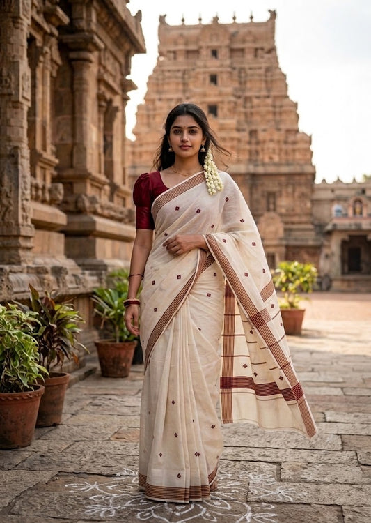 Southloom Super Premium Balaramapuram Handloom Cotton Saree with Maroon Butta Work on Body on Border