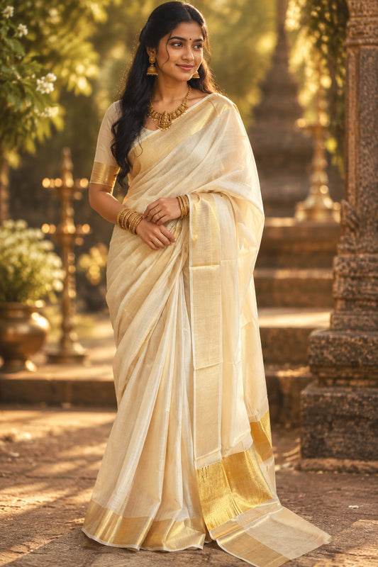 Southloom Kerala Tissue Saree With Kasavu Borders And 10 Inch Borders On The Pallu
