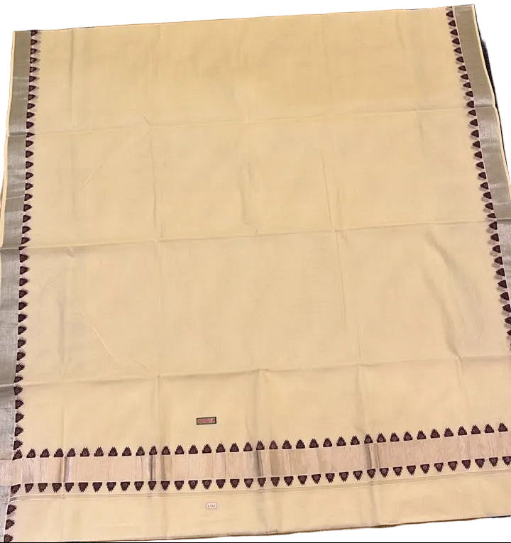 Southloom Kerala Cotton Saree With Silver Zari Boder With Purple Temple Design