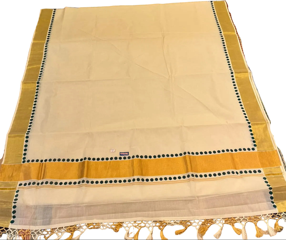 Southloom Kerala Kasavu Saree With Golden Kasavu And Dark Green Polka Dot Borders