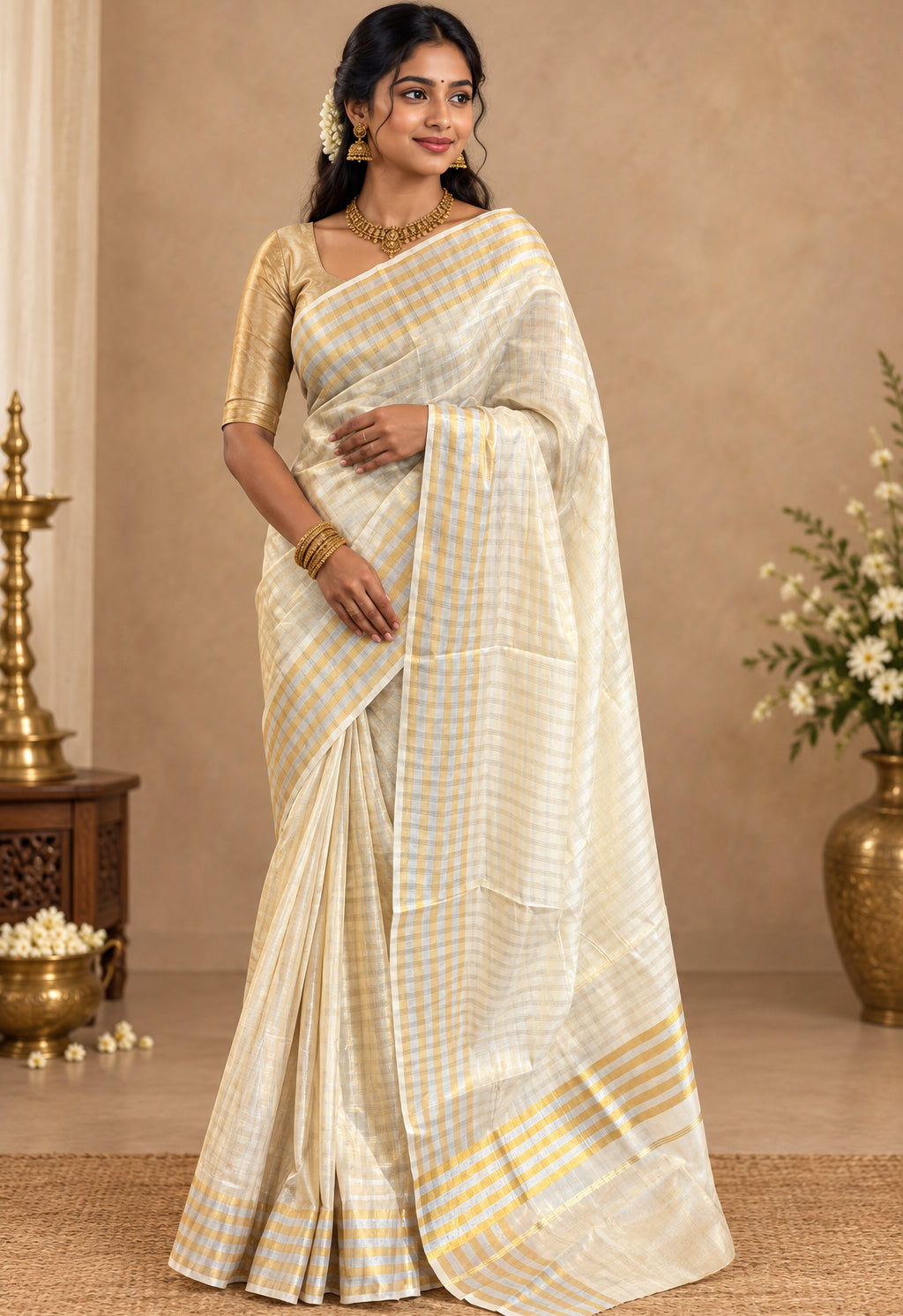 Southloom Kerala TIssue Kasavu  Check Saree With Gold and Silver Boders