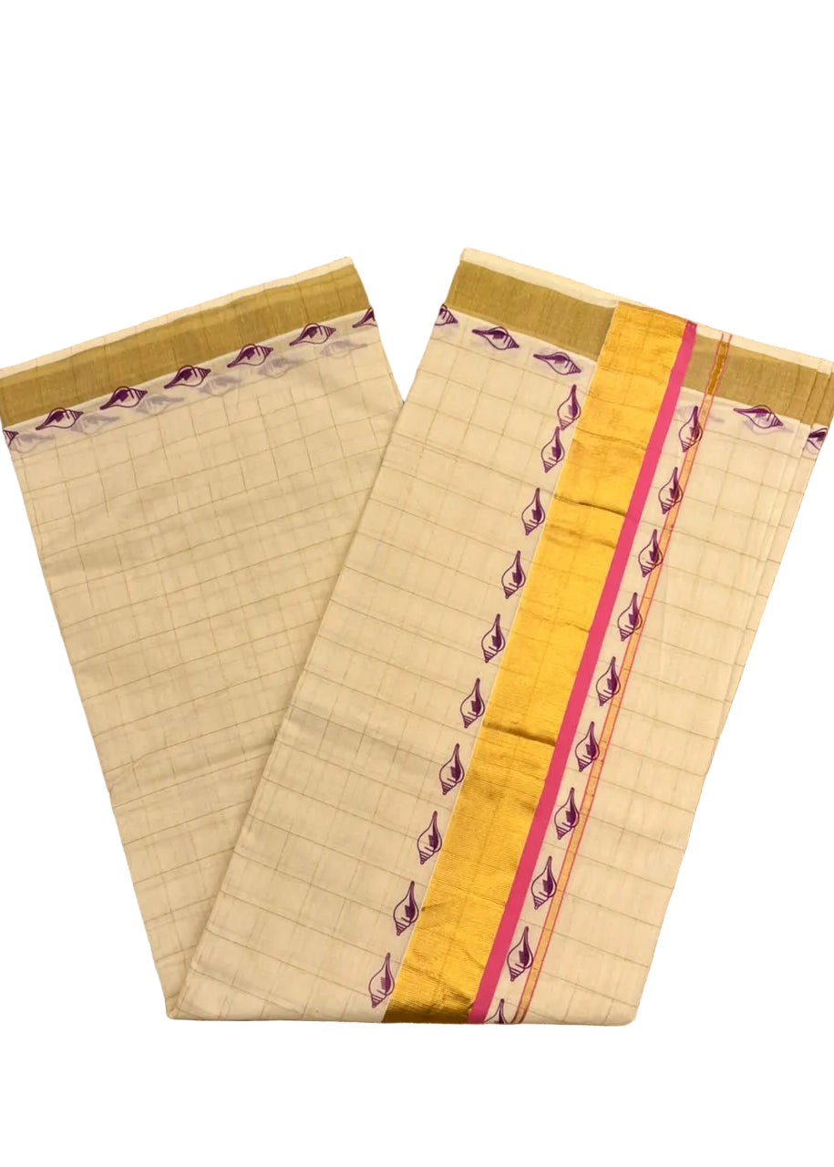 Southloom Kerala Kasavu Saree With Pink Boder And Pink Prints