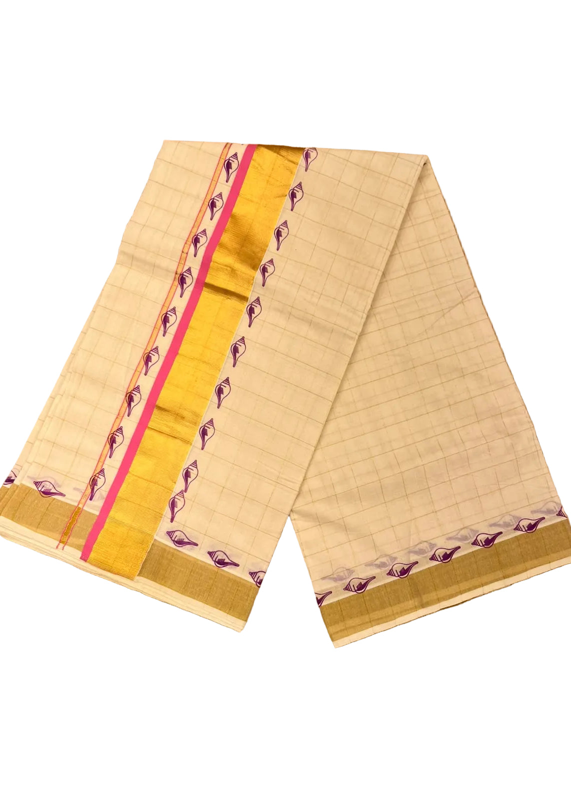 Southloom Kerala Kasavu Saree With Pink Boder And Pink Prints