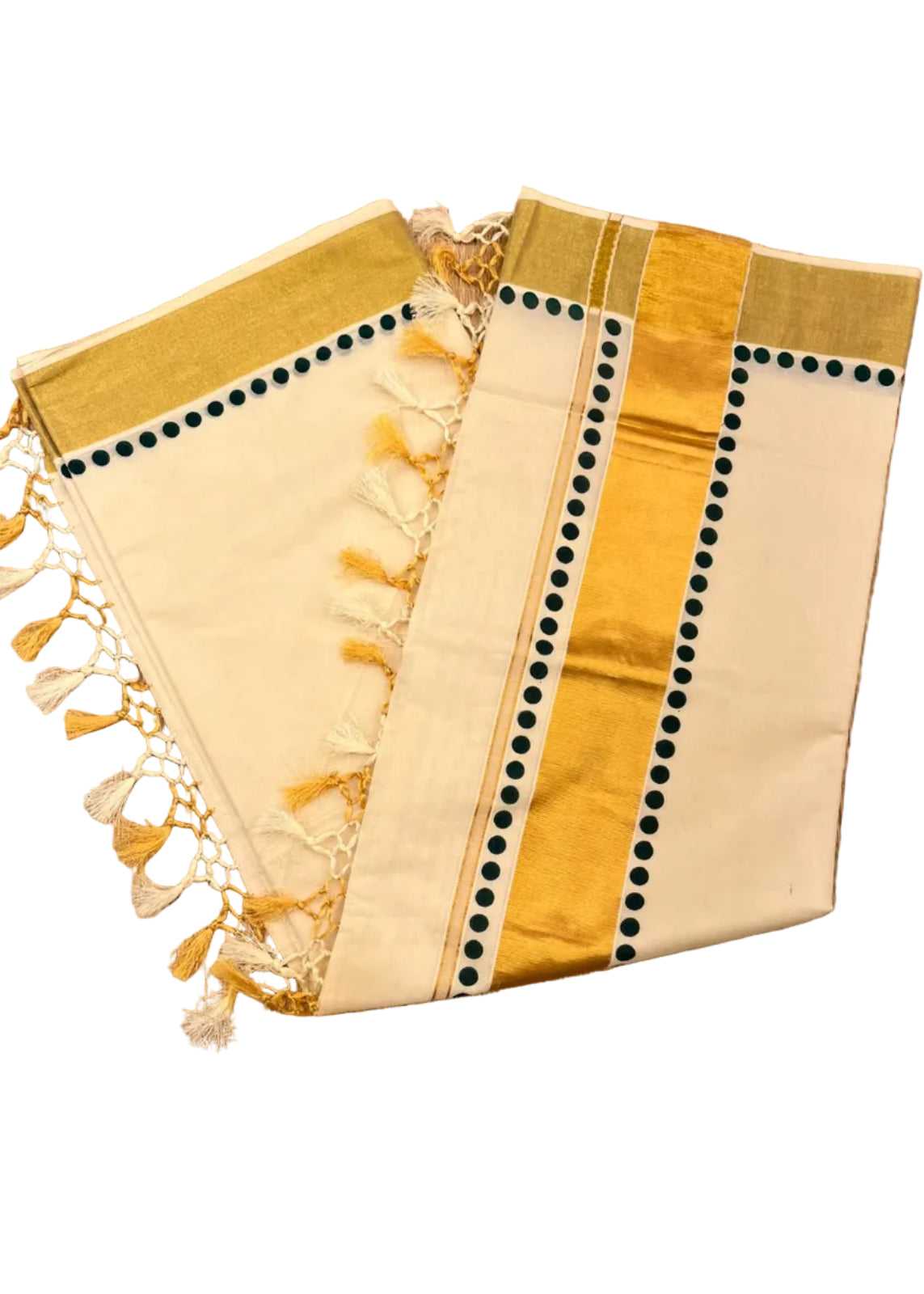 Southloom Kerala Kasavu Saree With Golden Kasavu And Dark Green Polka Dot Borders