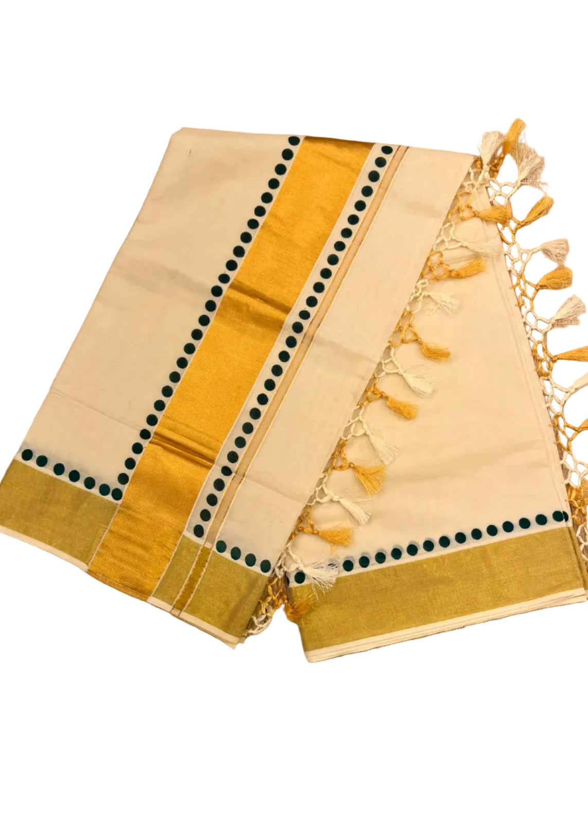 Southloom Kerala Kasavu Saree With Golden Kasavu And Dark Green Polka Dot Borders