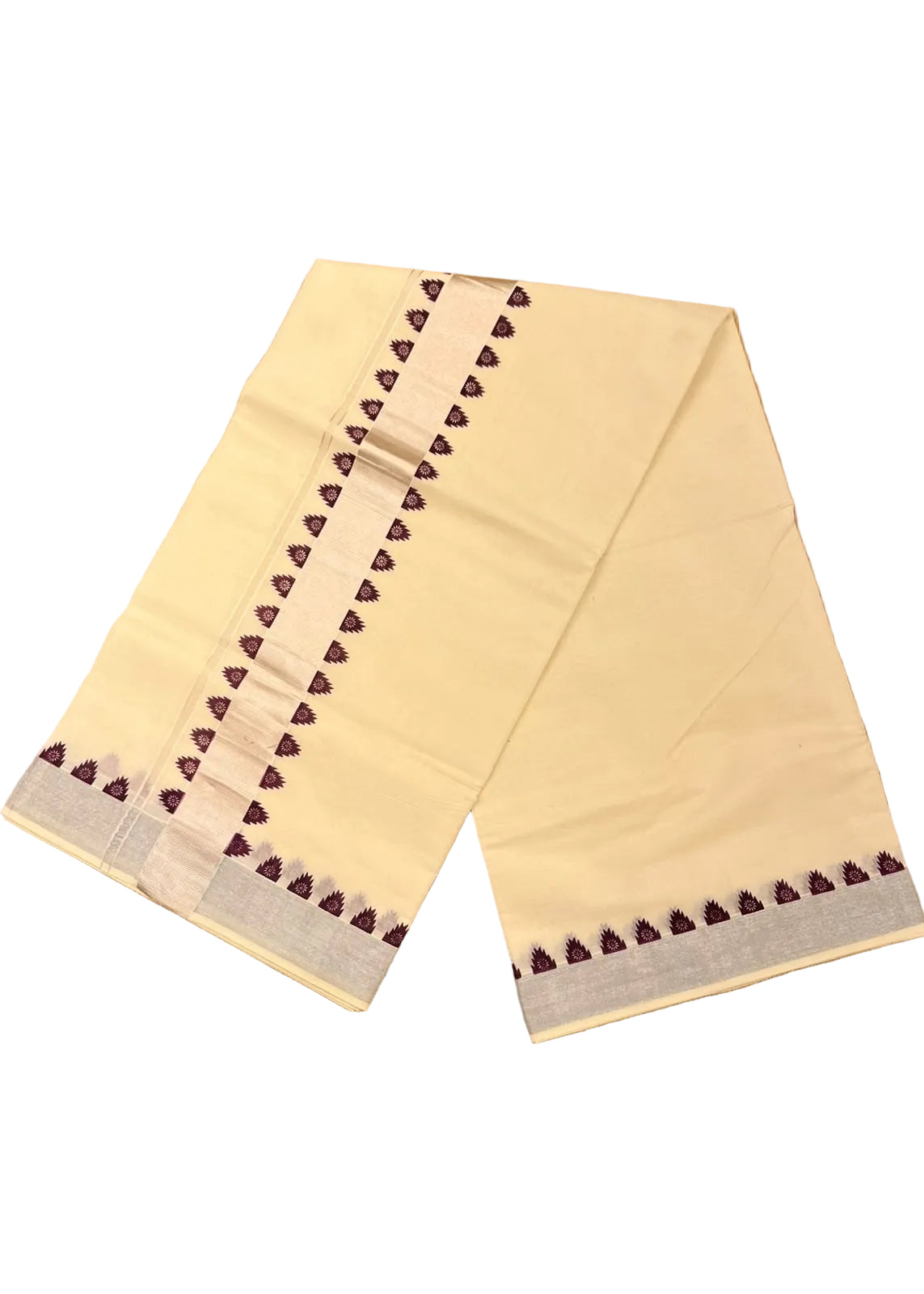 Southloom Kerala Cotton Saree With Silver Zari Boder With Purple Temple Design