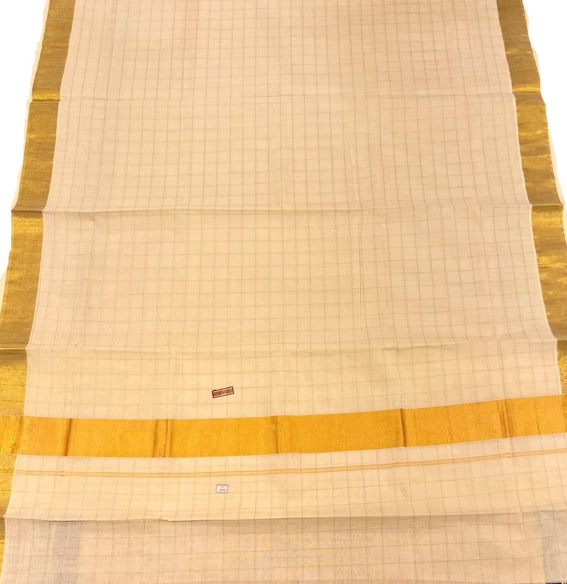 Southloom Kerala Kasavu Cotton Saree with Golden Check and Broad Zari Border