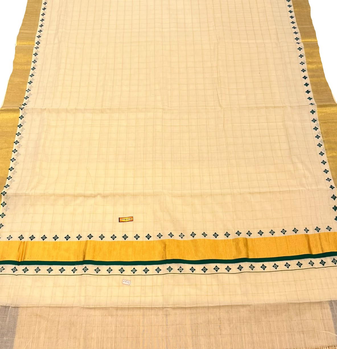 Southloom Kerala Kasavu Cotton Saree With Green Border And Green Print