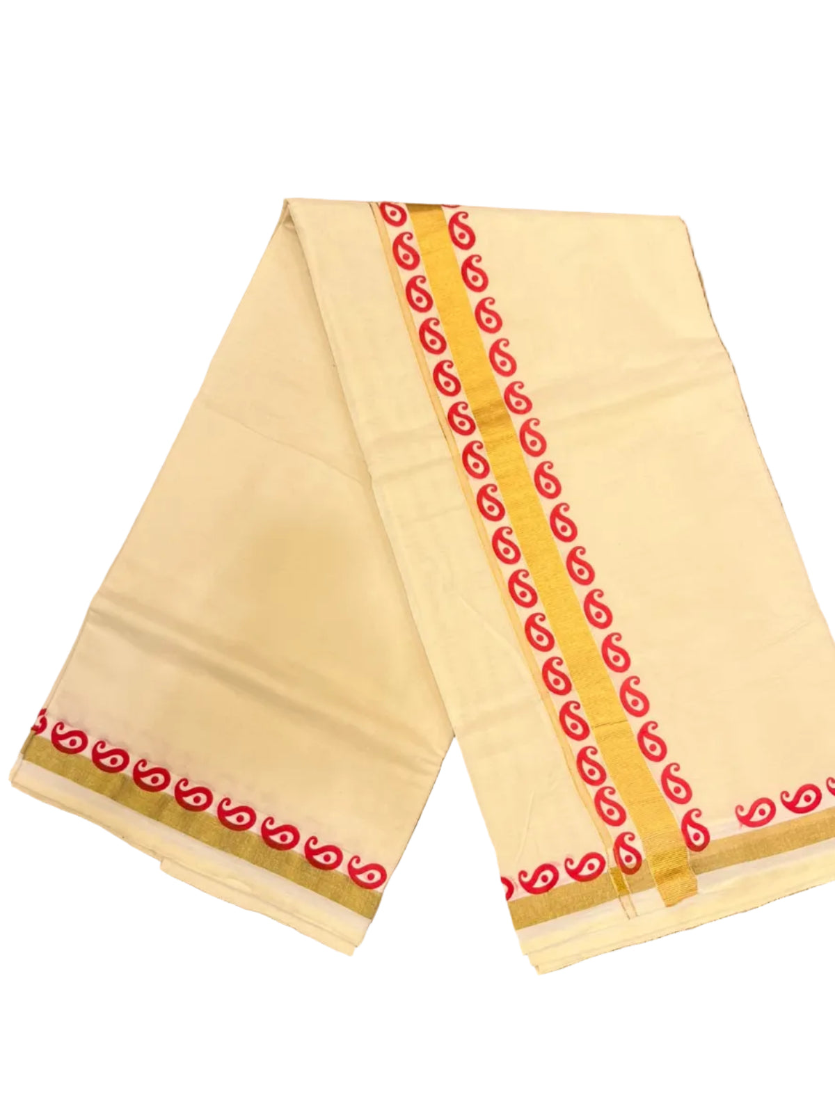 Southloom Kerala Kasavu Cotton Saree with Golden Zari and Red Print