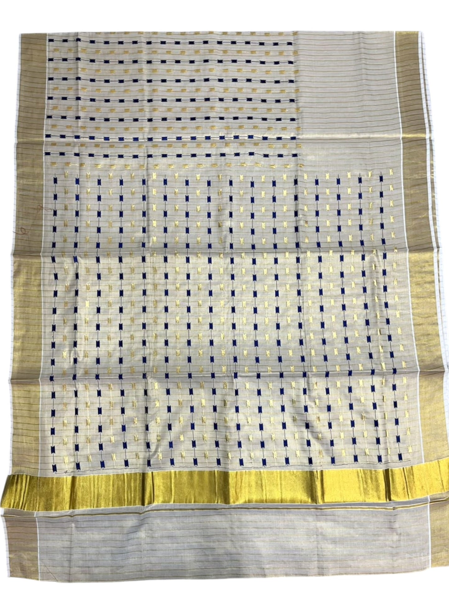 Southloom Tissue Kerala Kasavu Saree with Blue & Gold Embroidery Designs on Body