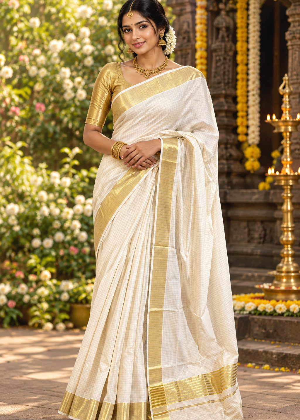 Southloom Cotton Kerala Golden Kasavu Check Saree