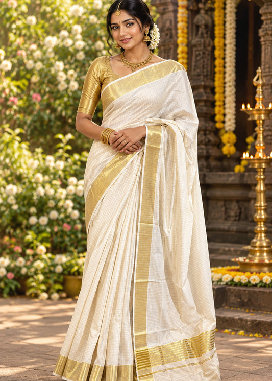 Southloom Cotton Kerala Golden Kasavu Check Saree