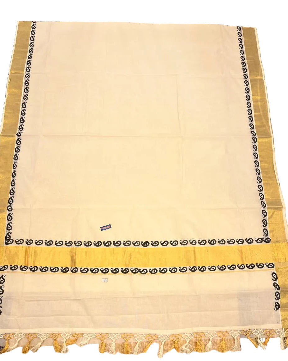 Southloom Kerala Kasavu Cotton Saree With Broad Golden Zari & Black