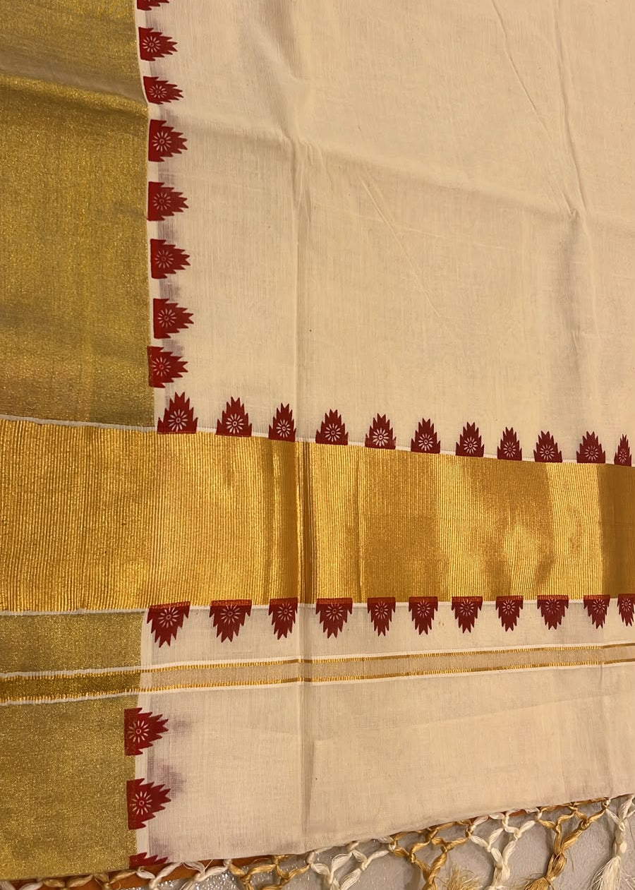 Southloom  Kerala Cotton  Kasavu Saree With Maroon Temple Border And Tassels