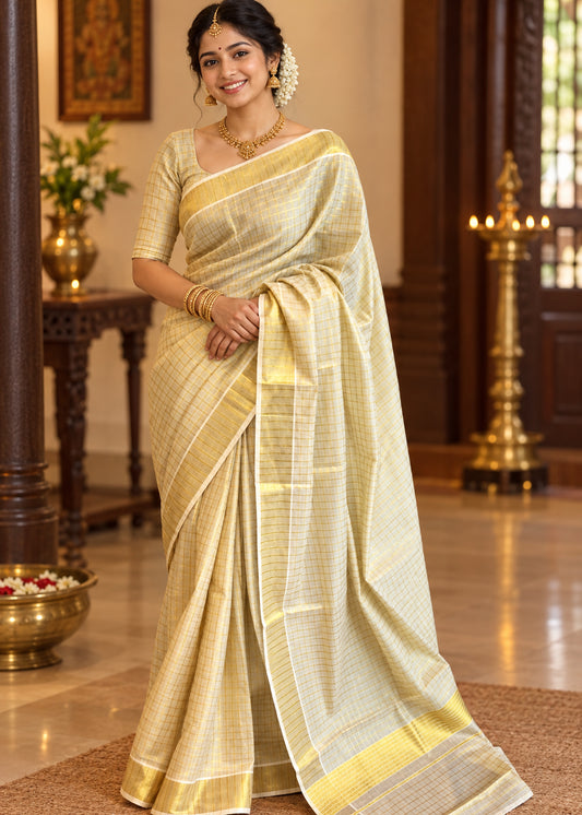 Kerala Tissue Kasavu Saree With Check Designs On The Body