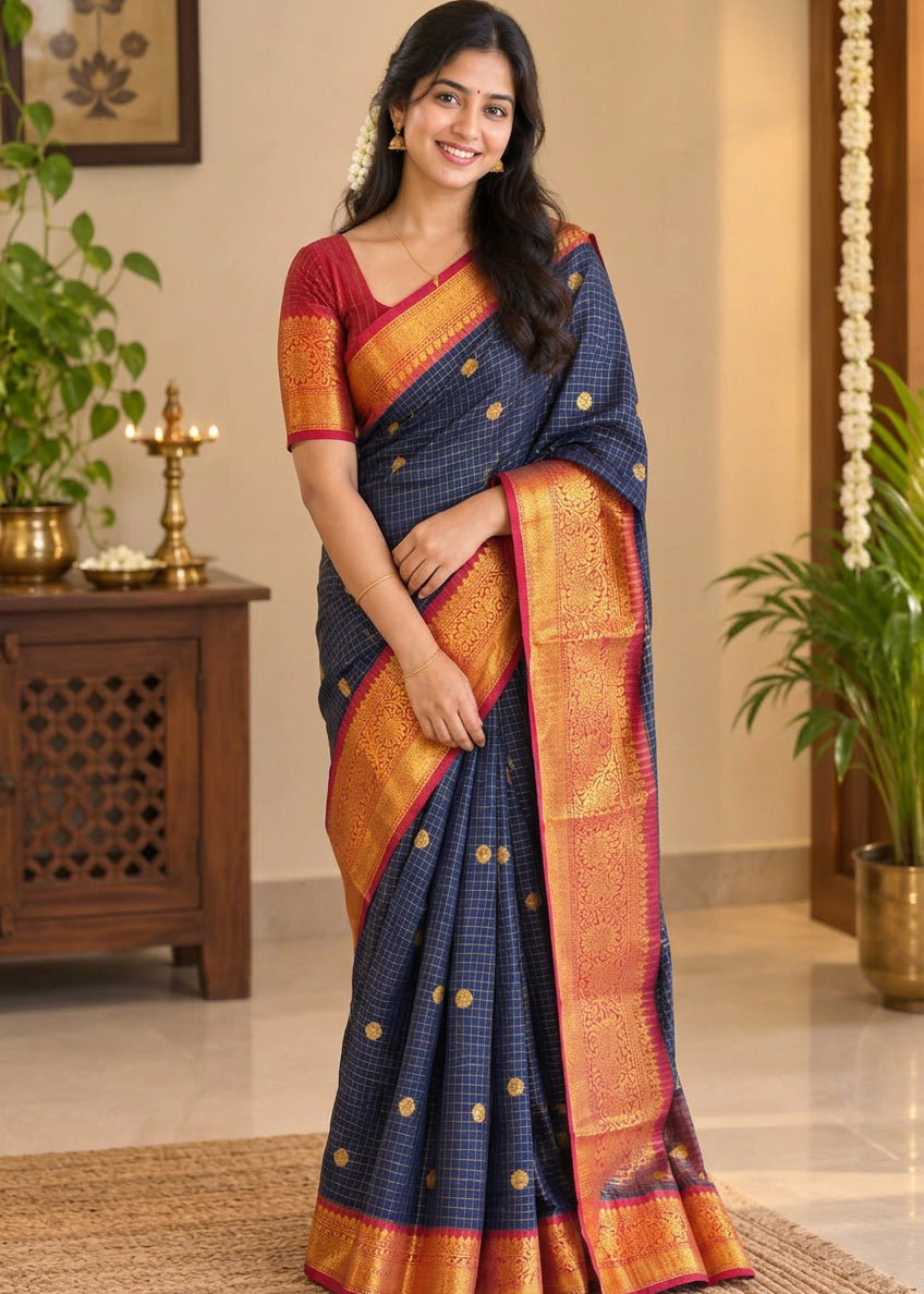 Navy Blue and Red Colour Semi Silk Saree With Check Design SL634