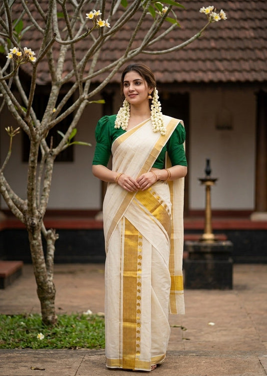 Southloom Premium Cotton Handloom Set Mundu with Manga Woven Design And Kasavu Border (2.80 Mtr) SL632