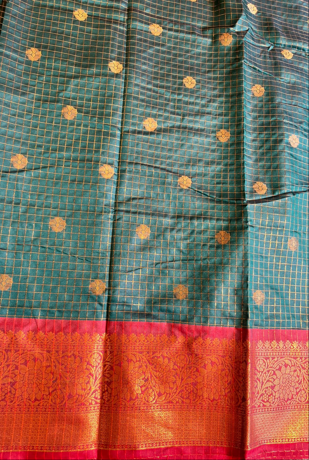 Green & Red Colour Semi Silk Saree With Check Design SL63