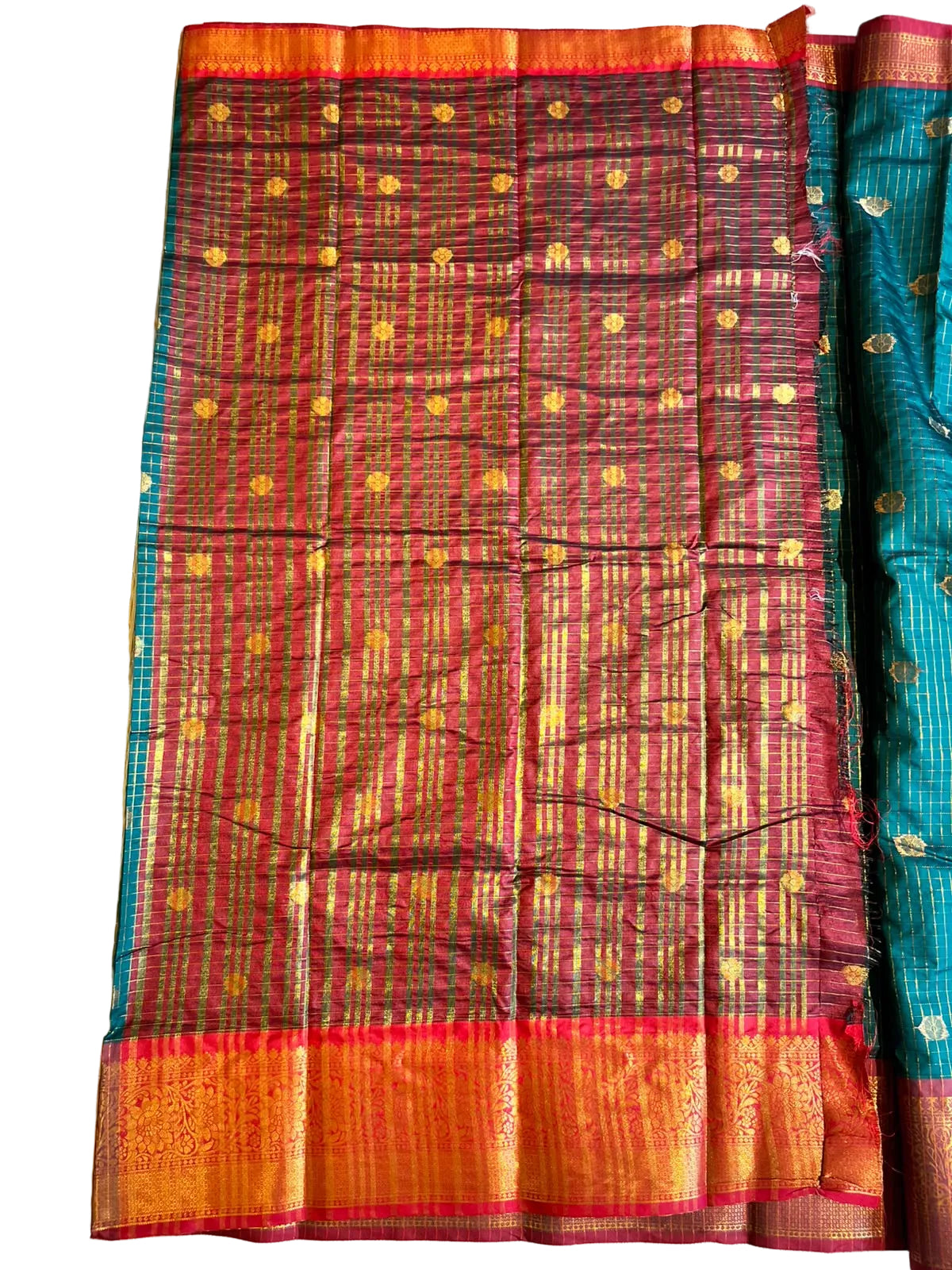 Green & Red Colour Semi Silk Saree With Check Design SL63