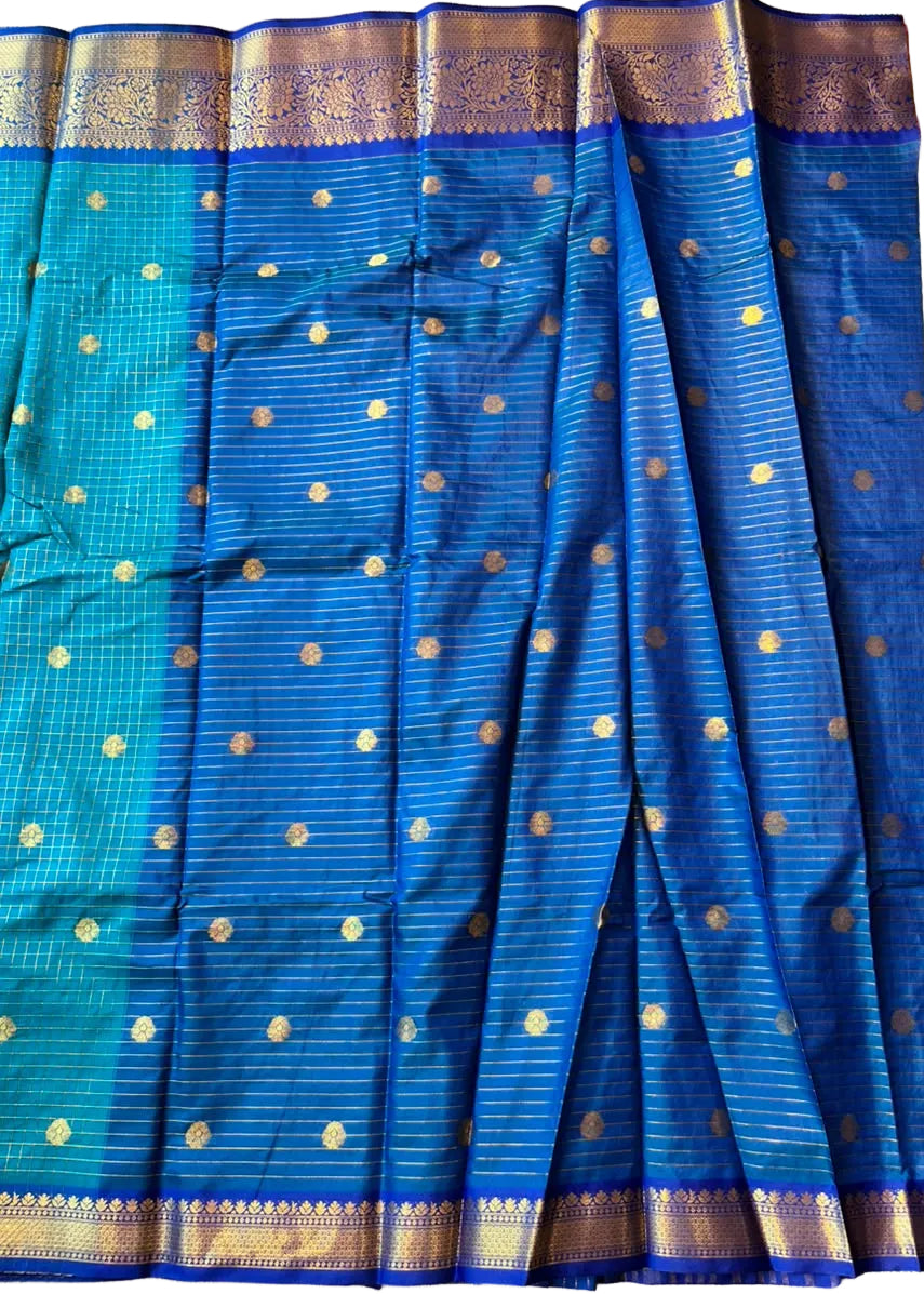 Peacock Blue and Royal Blue Semi Silk Saree With Check Design On Body SL634